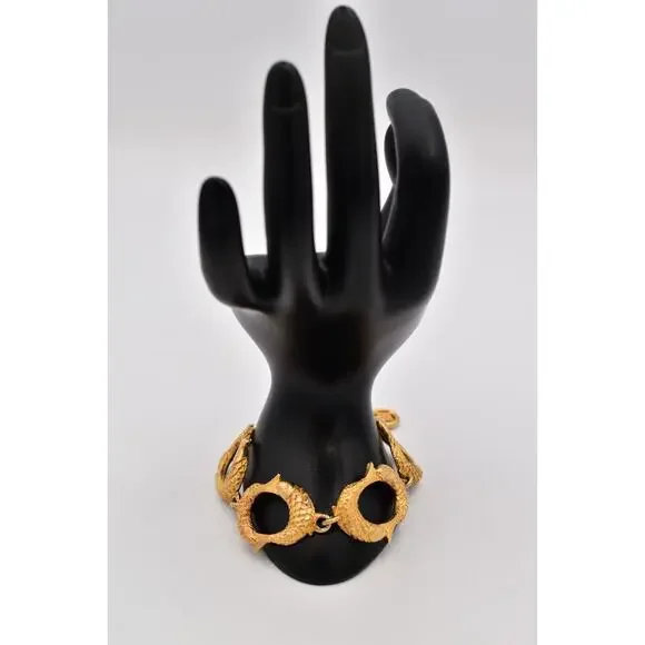 Givenchy Vintage Gold Koi Fish Link Bracelet Chunky Signed Logo Rare 1980s BinBR